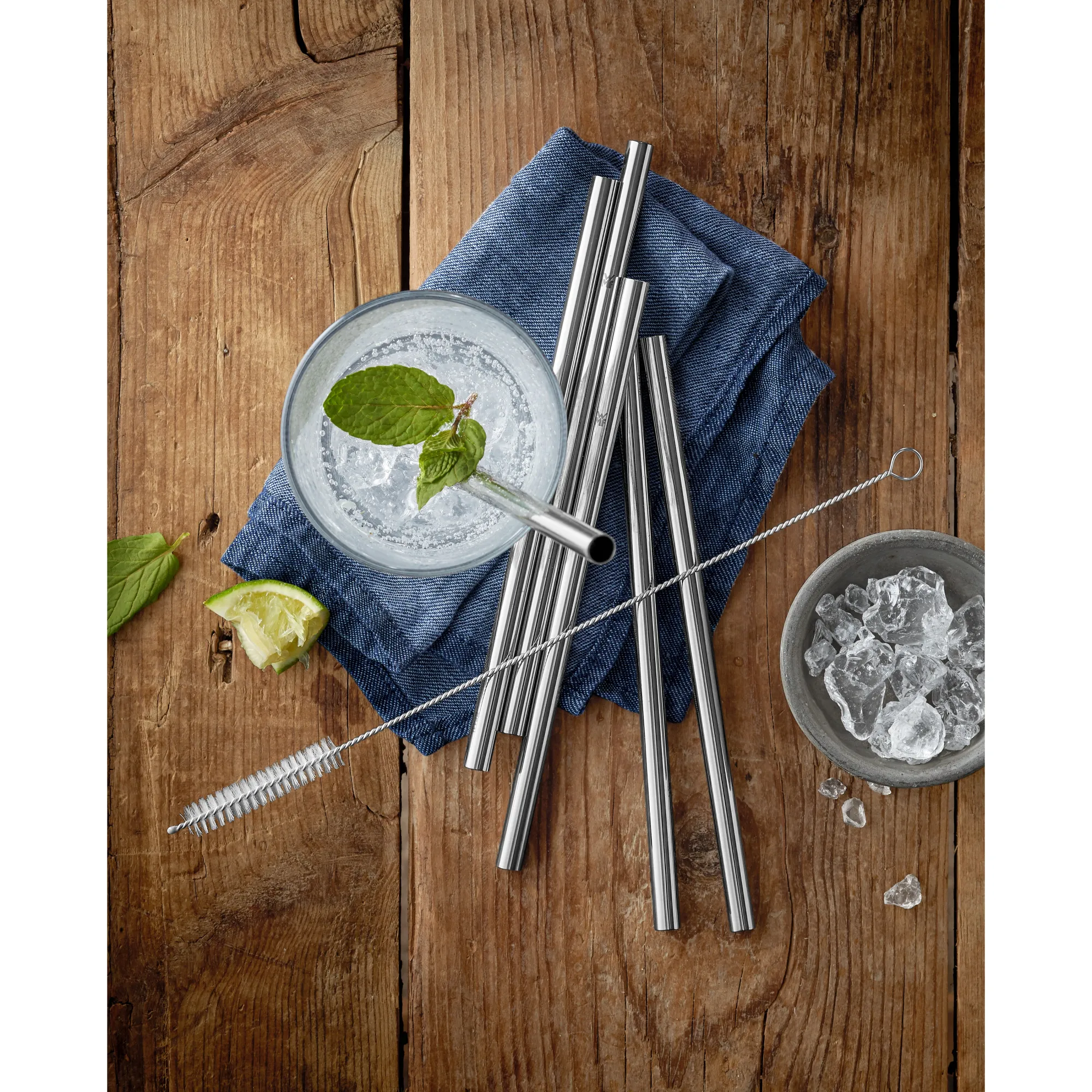WMF Baric Trinkhalm-Set Cromargan®, 18 cm, 6-teilig plus mit Reinigungsbürste| Barzubehör