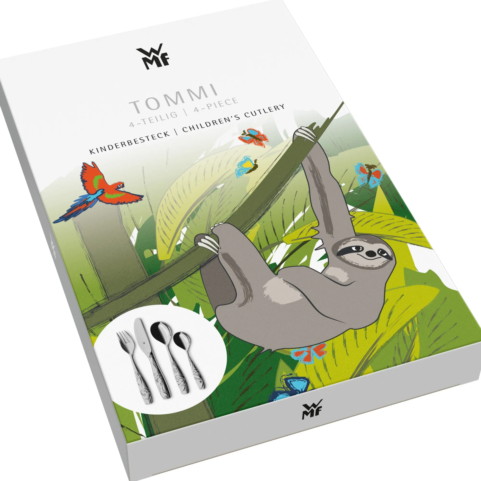WMF Kinderbesteck-Set Faultier Tommi, 4-teilig|Kinder Kinderbestecke|Besteck-Sets
