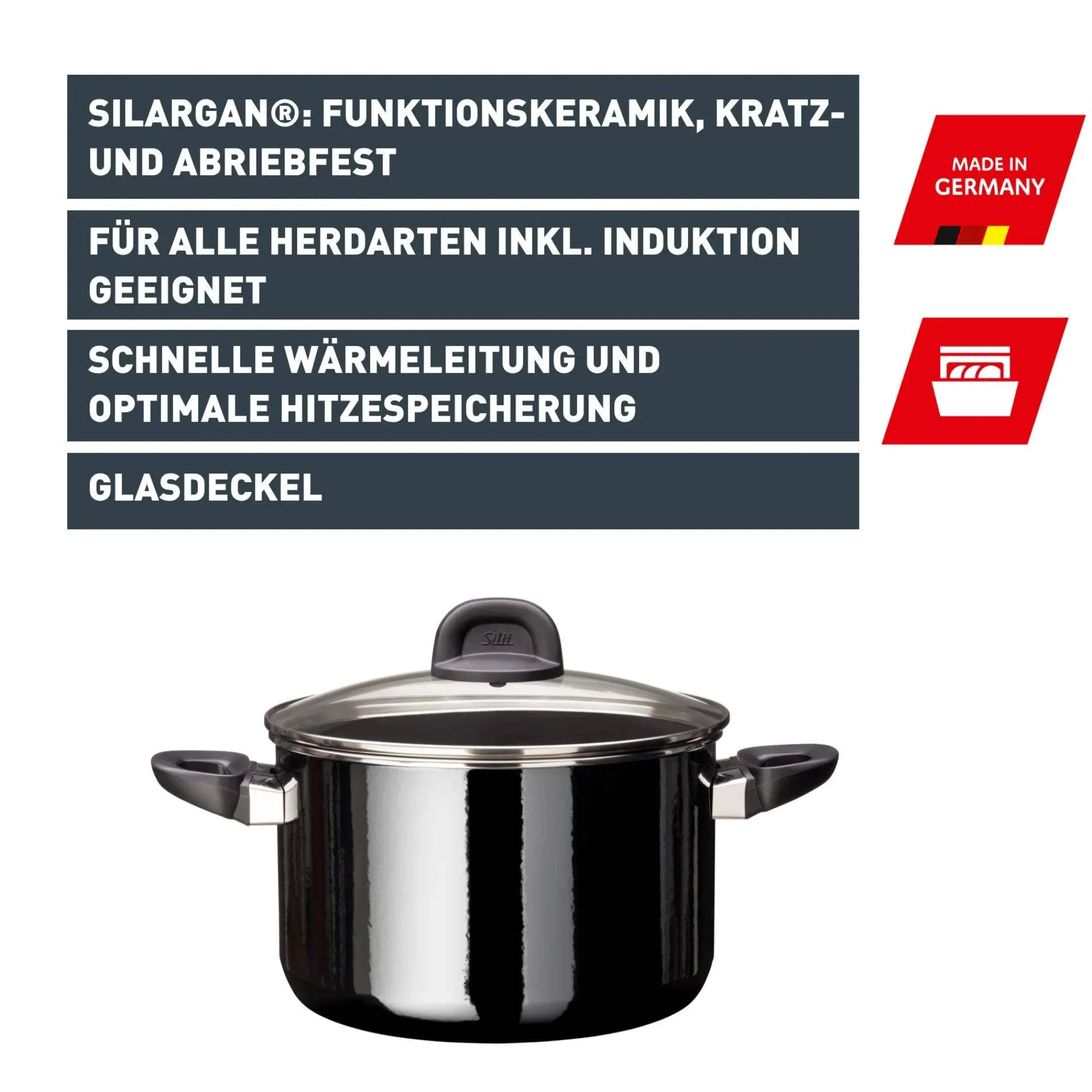 WMF Silit Silargan® Modesto Kochtopf mit Deckel, 24 cm, Black| Kochtöpfe|Induktionstöpfe