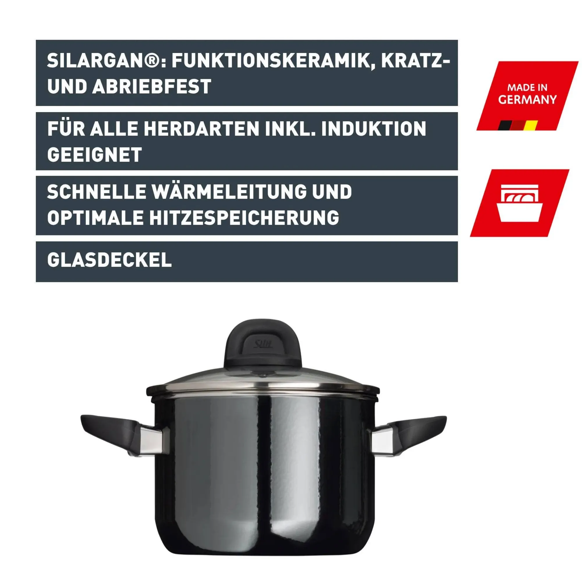 WMF Silit Silargan® Modesto Kochtopf mit Deckel, 16 cm, Black| Induktionstöpfe|Kochtöpfe